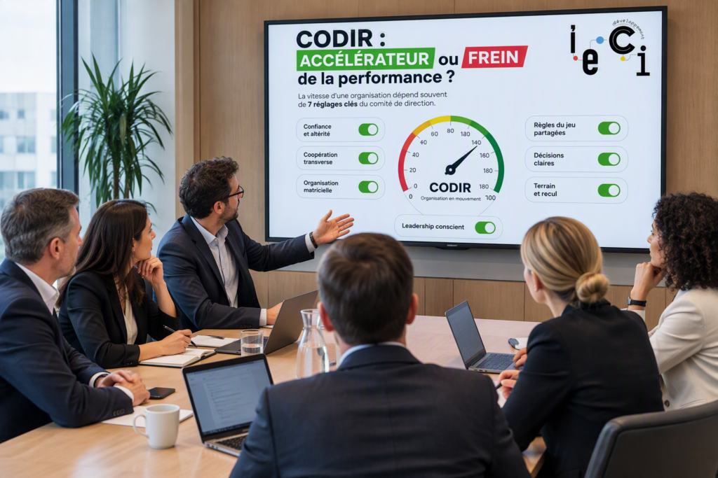 Un comité de direction est réuni autour d’une table et regarde un écran sur lequel figure une communication du cabinet IECI Développement indiquant les sept réglages à actionner pour accélérer un CODIR dans sa mission : Confiance, Coopération, organisation, partage et règles du jeu, clarté des décisions, prise de recul et proximité du terrain.